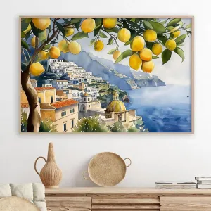 Lemon Tree Canvas Wall Art Beach Landscape Painting Italian Coastal Wall Art Vintage Lemon Art Print Italian Beach Picture Seaside Artwork for Walls Italy Amalfi Coast Wall Art 16x24inch No Frame