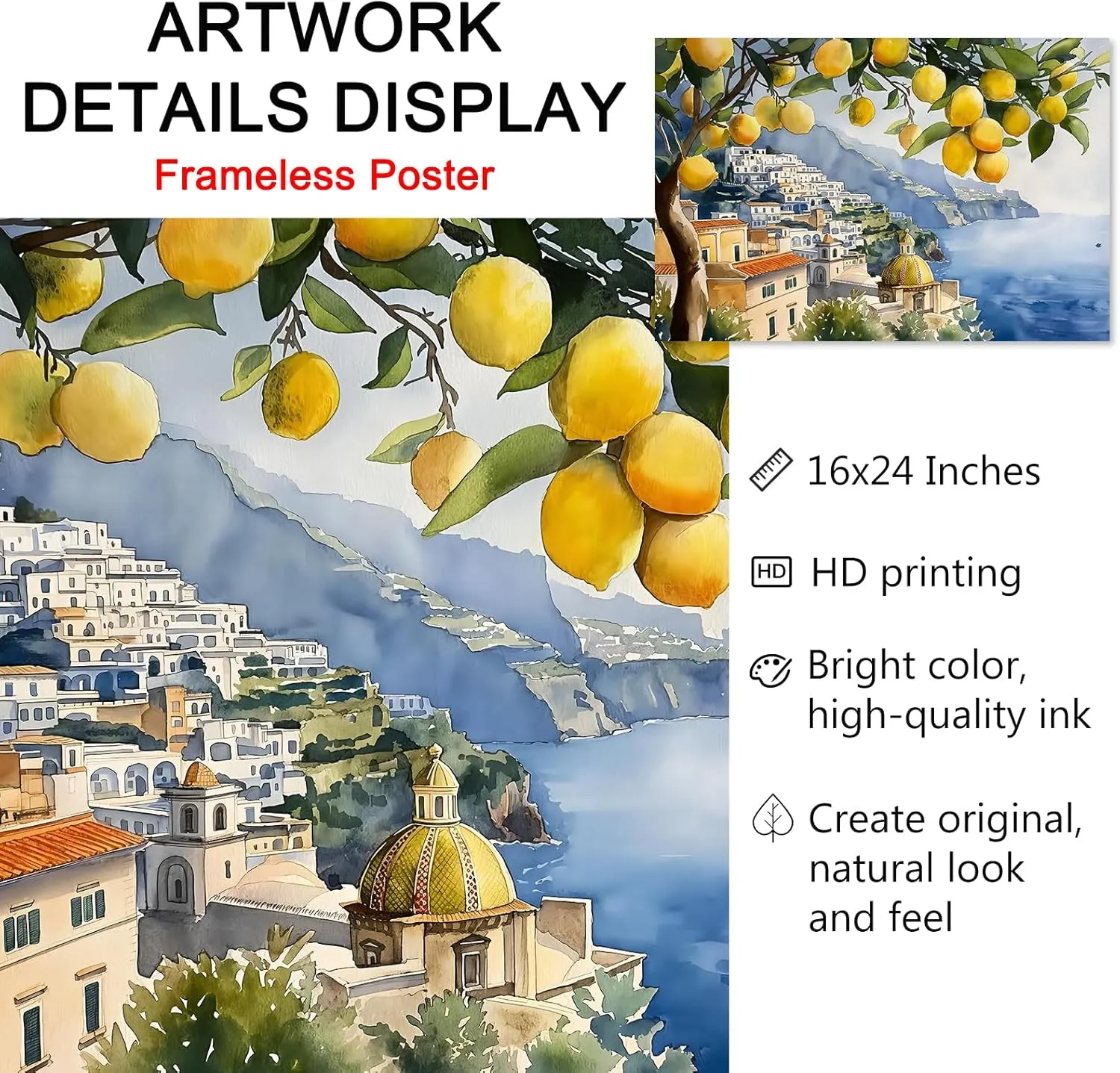 Lemon Tree Canvas Wall Art Beach Landscape Painting Italian Coastal Wall Art Vintage Lemon Art Print Italian Beach Picture Seaside Artwork for Walls Italy Amalfi Coast Wall Art 16x24inch No Frame