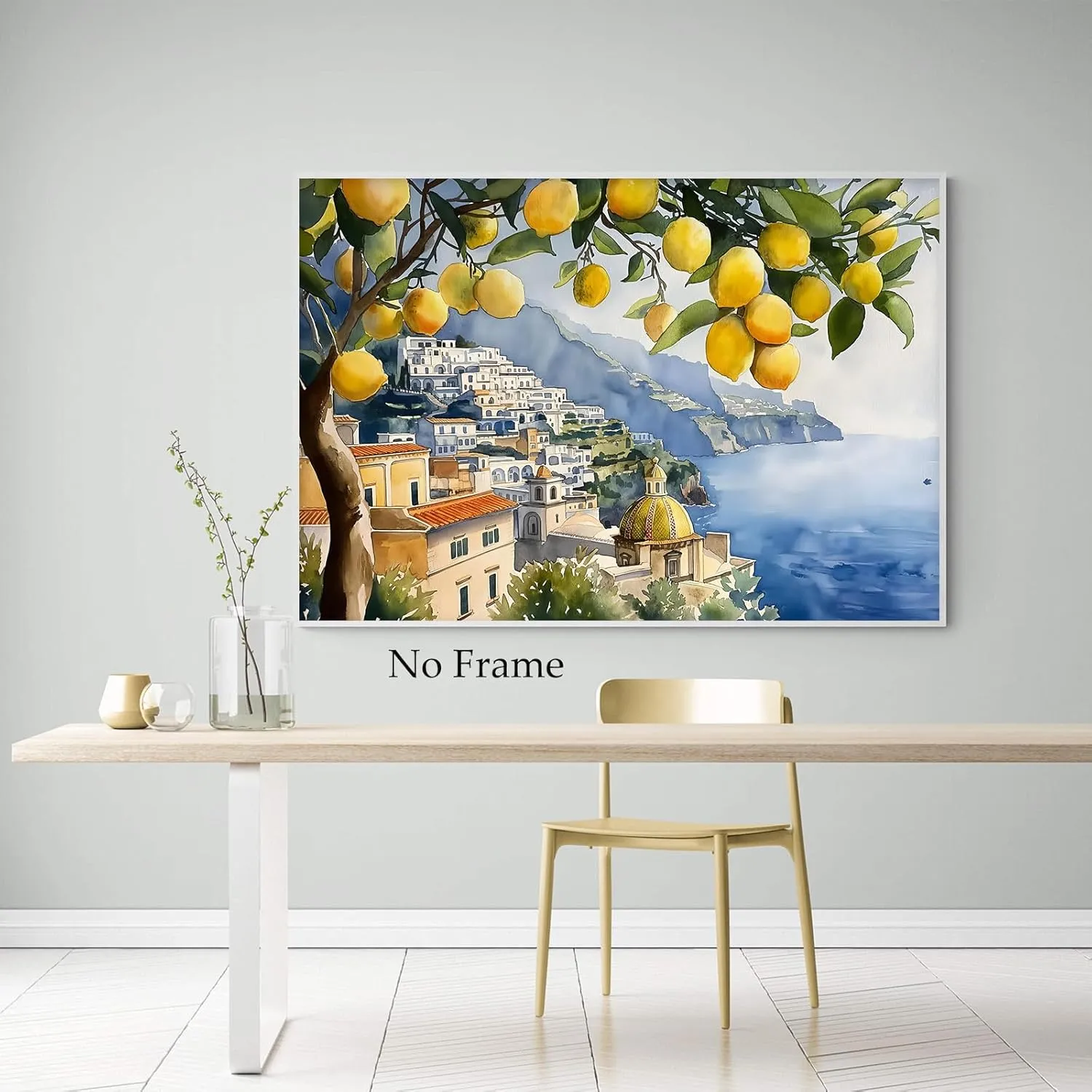 Lemon Tree Canvas Wall Art Beach Landscape Painting Italian Coastal Wall Art Vintage Lemon Art Print Italian Beach Picture Seaside Artwork for Walls Italy Amalfi Coast Wall Art 16x24inch No Frame