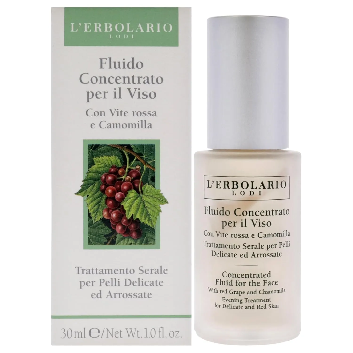 L'Erbolario - Concentrated Fluid for the Face - Evening Treatment for Delicate and Red Skin - Infused with Red Grape and Chamomile - Fast-Acting - Helps Prevent Reddening, 1.0 oz