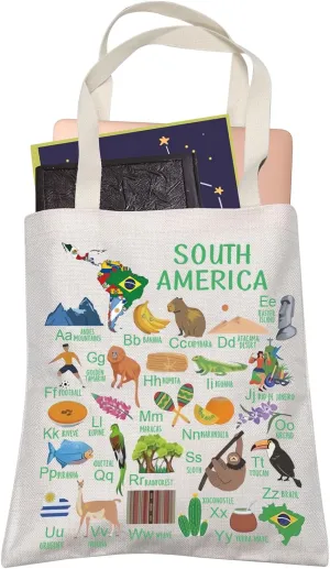 LEVLO South America Geography Travel Lover Tote Bag South America Teacher Alphabet Shopping Shoulder Bag Gift