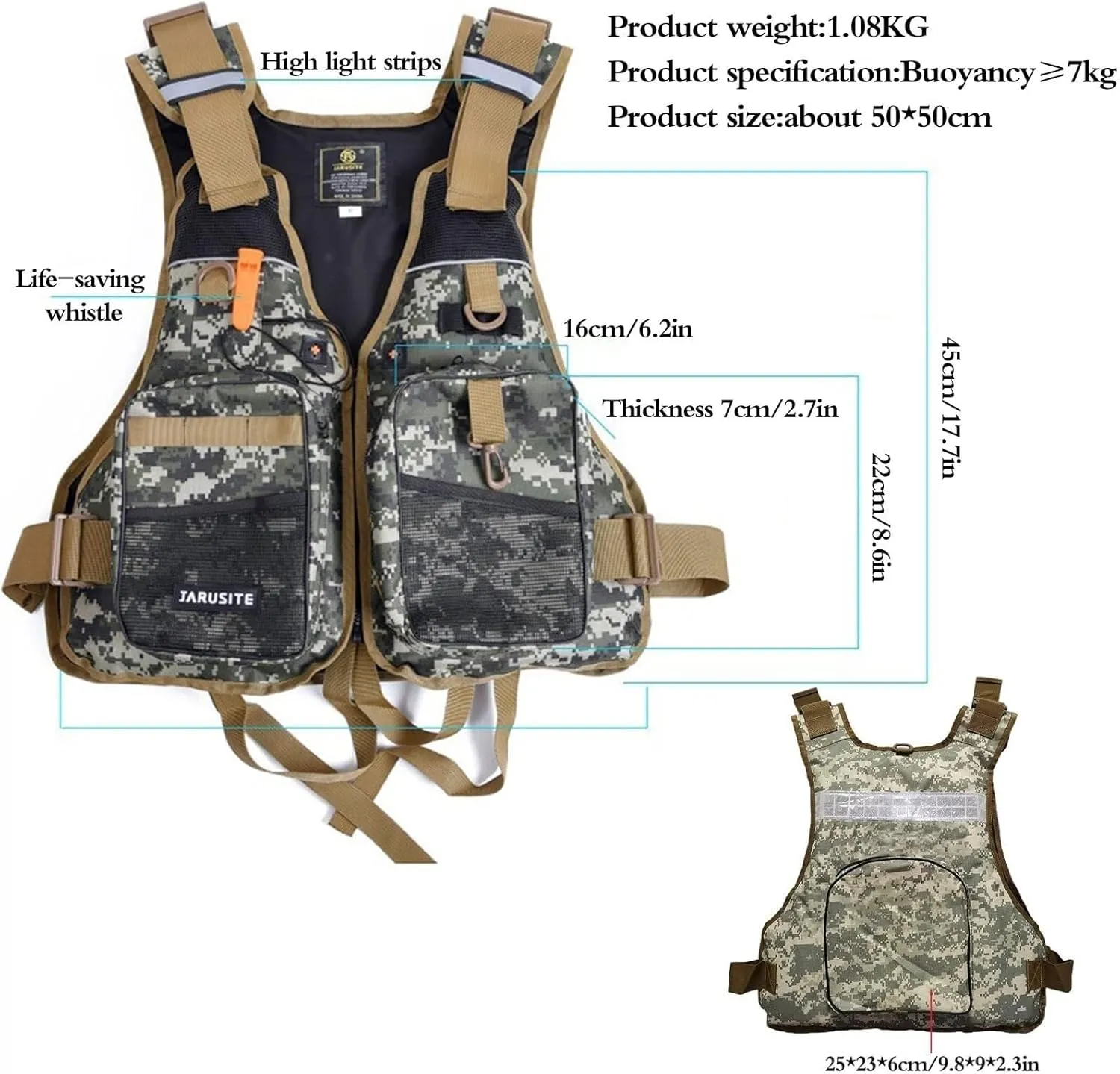Life Jacket for Adults, 220lbs Capacity with Adjustable Belt, Zipper, Safety Whistle for Fishing, Kayaking, Boating Safety Vest