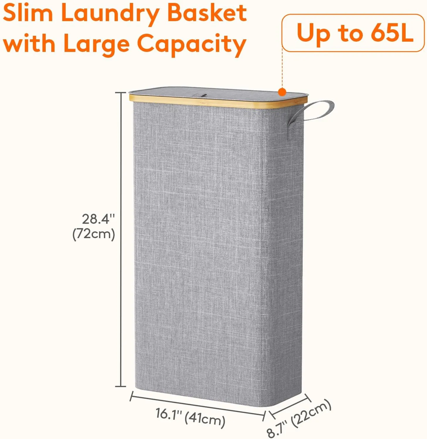 Lifewit 65L Slim Laundry Hamper with Lid, Narrow Laundry Basket with Removable Bag & Bamboo Handles, Fodable Thin Dirty Clothes Hamper for Laundry Collapsible Bin for Bathroom Bedroom Dorm, Gray