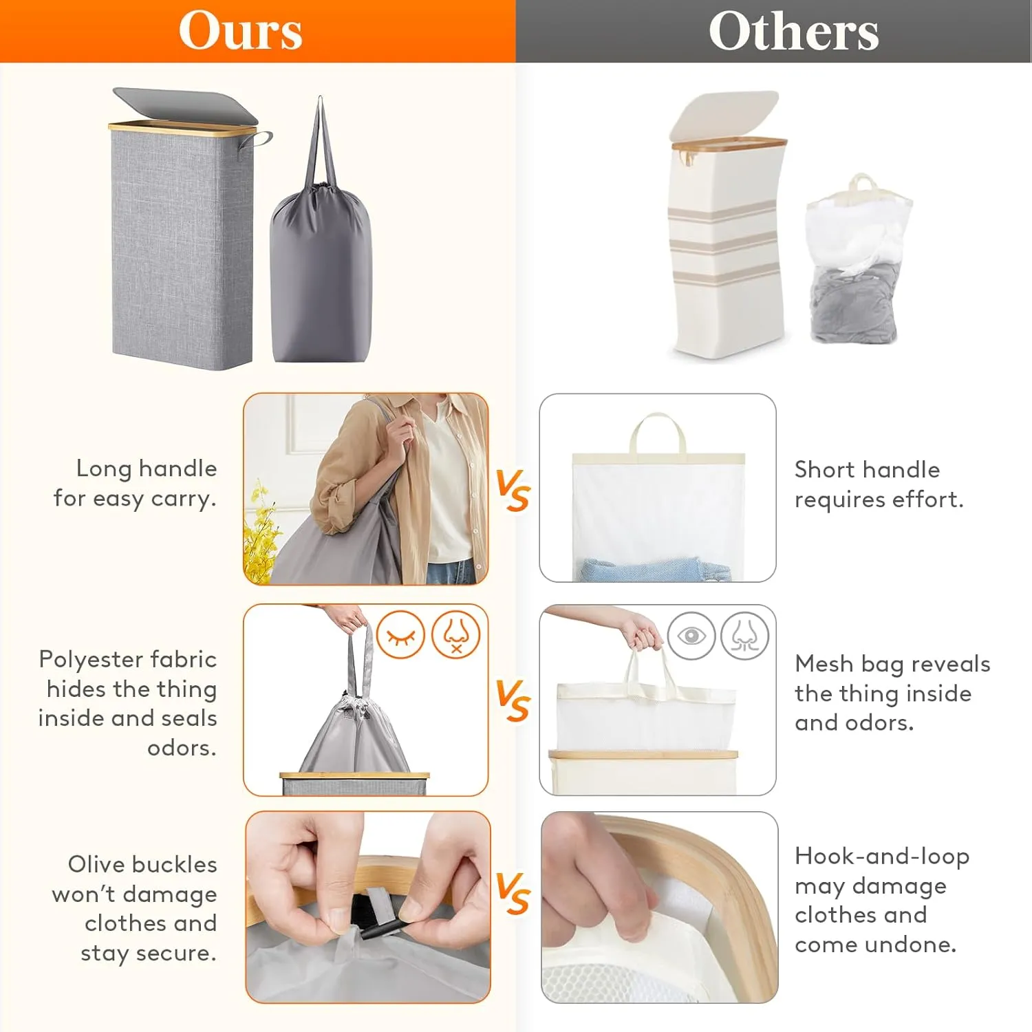 Lifewit 65L Slim Laundry Hamper with Lid, Narrow Laundry Basket with Removable Bag & Bamboo Handles, Fodable Thin Dirty Clothes Hamper for Laundry Collapsible Bin for Bathroom Bedroom Dorm, Gray