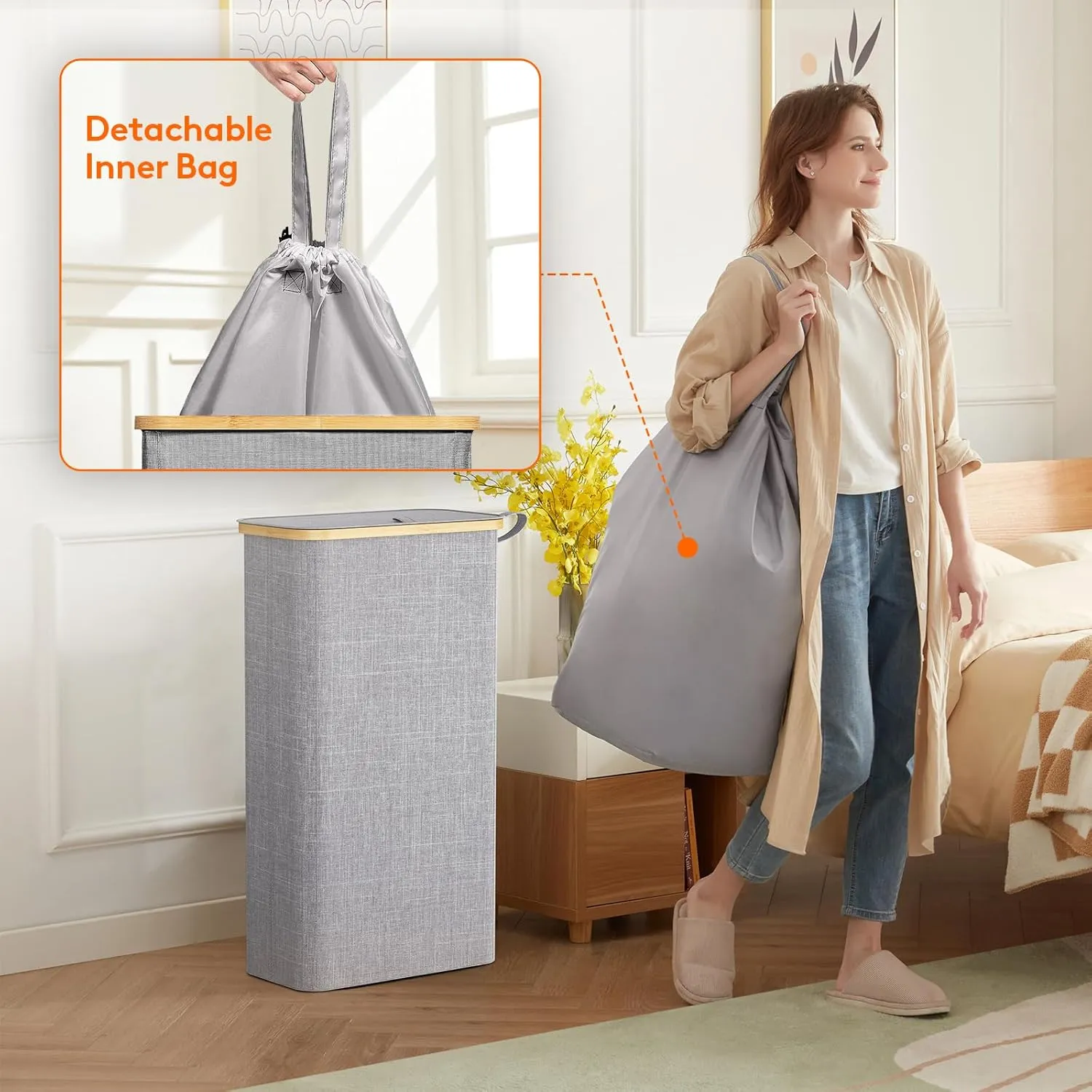 Lifewit 65L Slim Laundry Hamper with Lid, Narrow Laundry Basket with Removable Bag & Bamboo Handles, Fodable Thin Dirty Clothes Hamper for Laundry Collapsible Bin for Bathroom Bedroom Dorm, Gray
