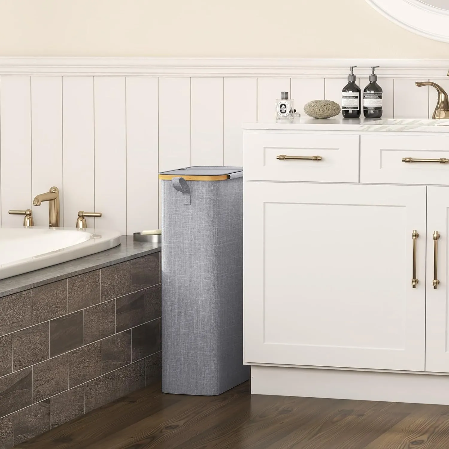 Lifewit 65L Slim Laundry Hamper with Lid, Narrow Laundry Basket with Removable Bag & Bamboo Handles, Fodable Thin Dirty Clothes Hamper for Laundry Collapsible Bin for Bathroom Bedroom Dorm, Gray