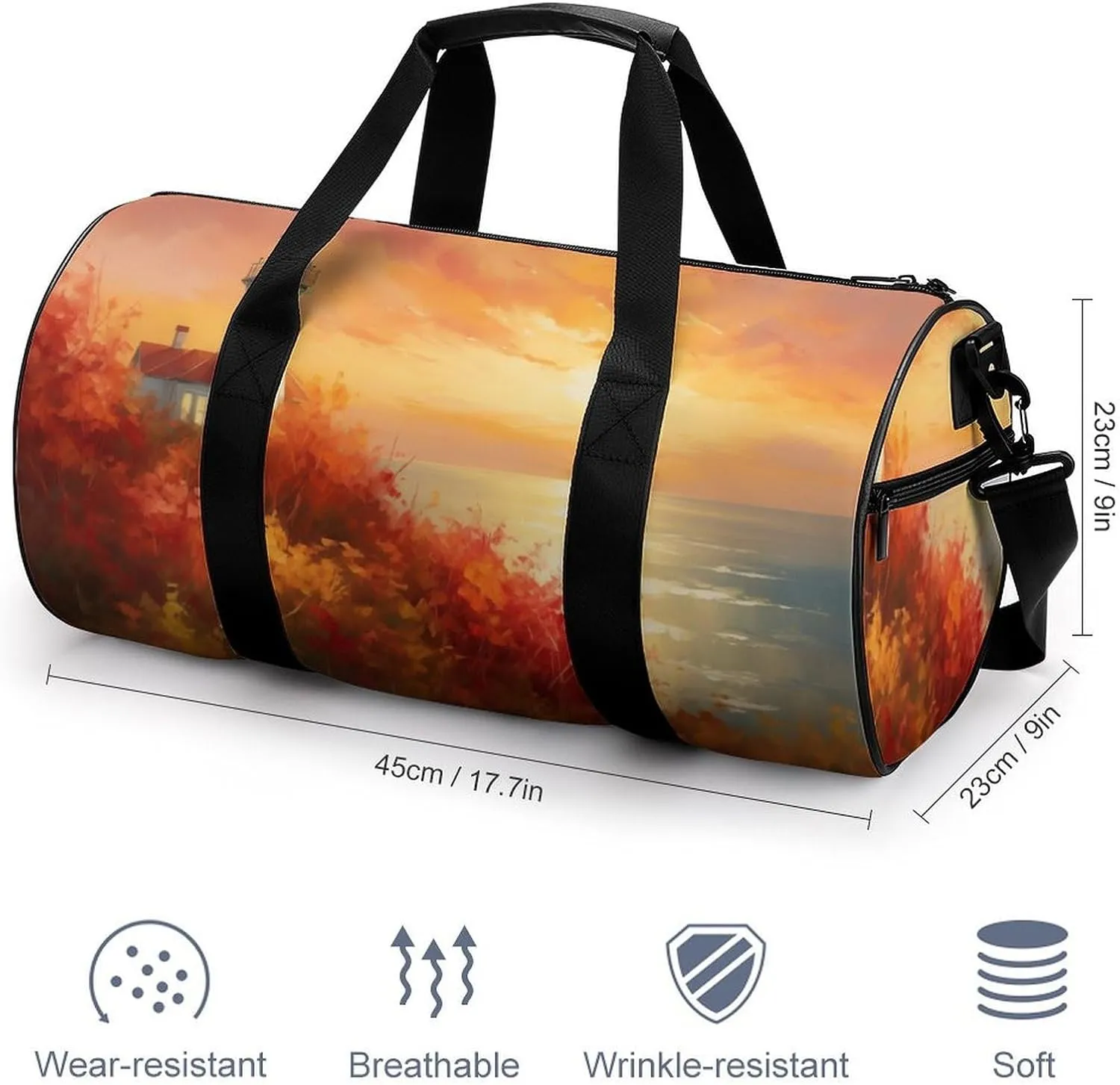 Lighthouse Vibrant Autumn Landscape Travel Gym Bag for Women Men Cylindrical Duffle Bag Sport Workout Bag with Shoulder Strap