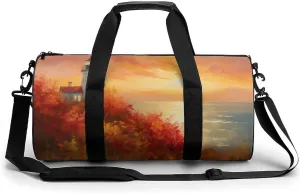Lighthouse Vibrant Autumn Landscape Travel Gym Bag for Women Men Cylindrical Duffle Bag Sport Workout Bag with Shoulder Strap