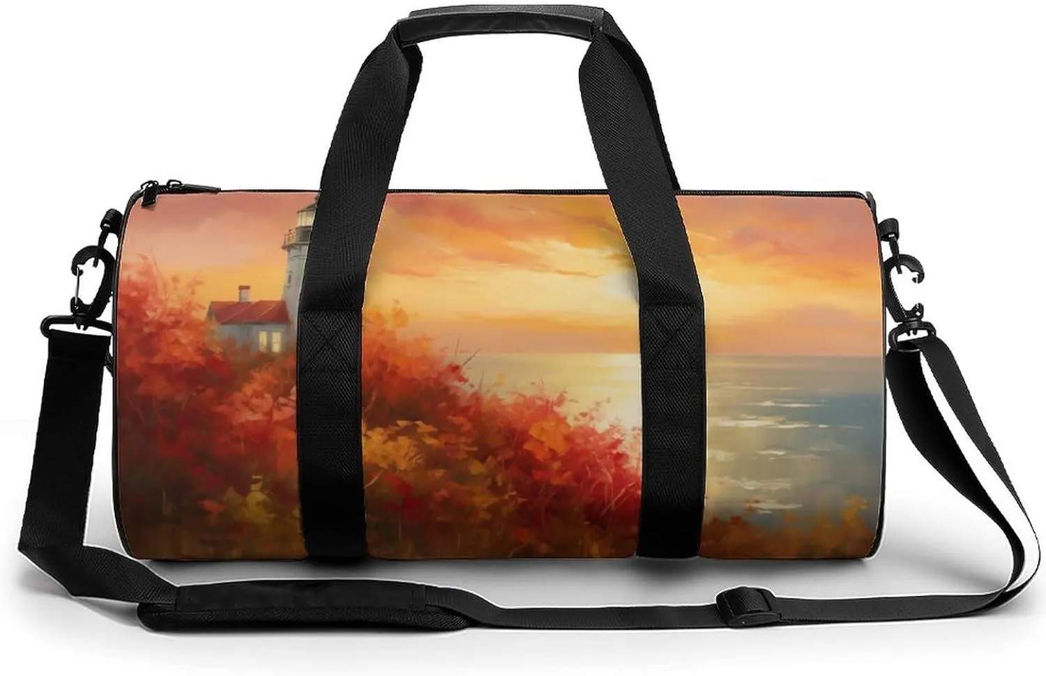 Lighthouse Vibrant Autumn Landscape Travel Gym Bag for Women Men Cylindrical Duffle Bag Sport Workout Bag with Shoulder Strap