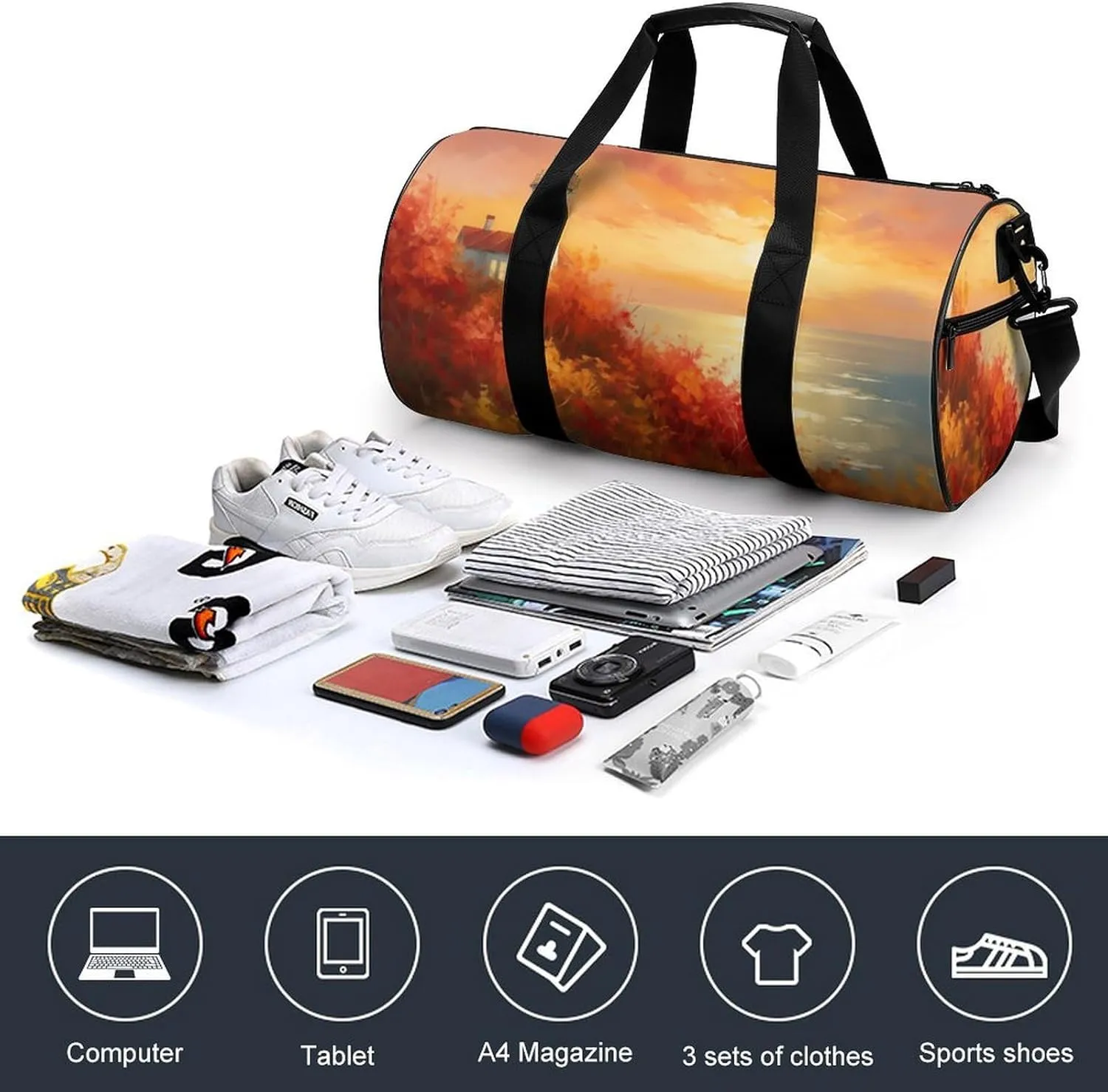 Lighthouse Vibrant Autumn Landscape Travel Gym Bag for Women Men Cylindrical Duffle Bag Sport Workout Bag with Shoulder Strap