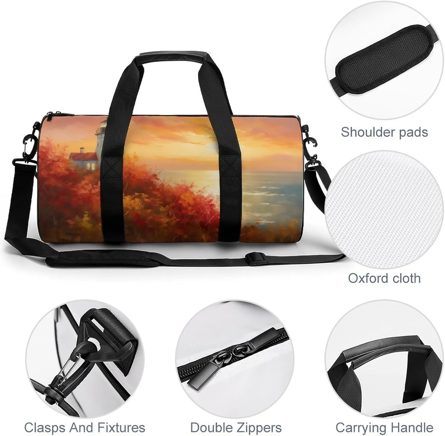 Lighthouse Vibrant Autumn Landscape Travel Gym Bag for Women Men Cylindrical Duffle Bag Sport Workout Bag with Shoulder Strap