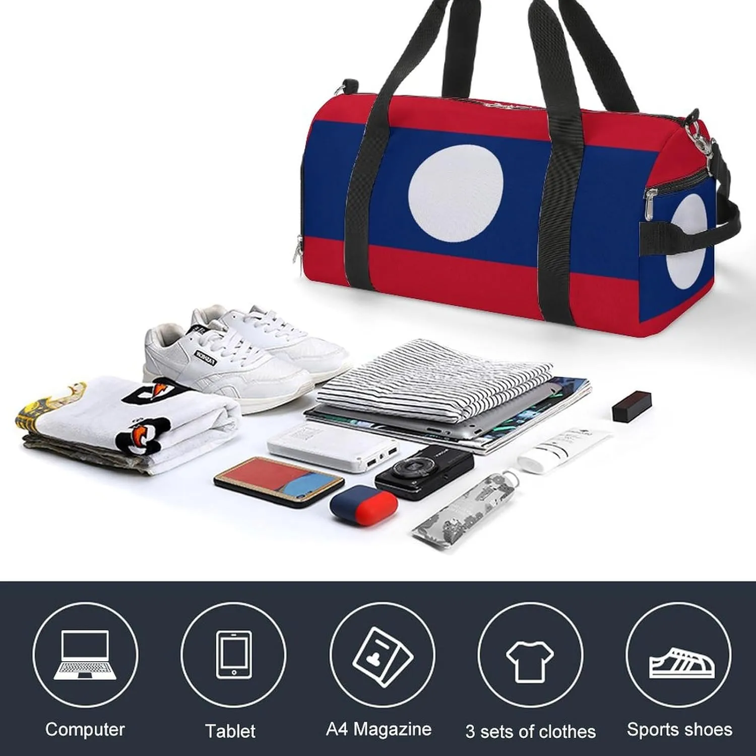 Lightweight Laos Flag Duffel Bag for Boys Girls with Wet Pocket Gym Tote