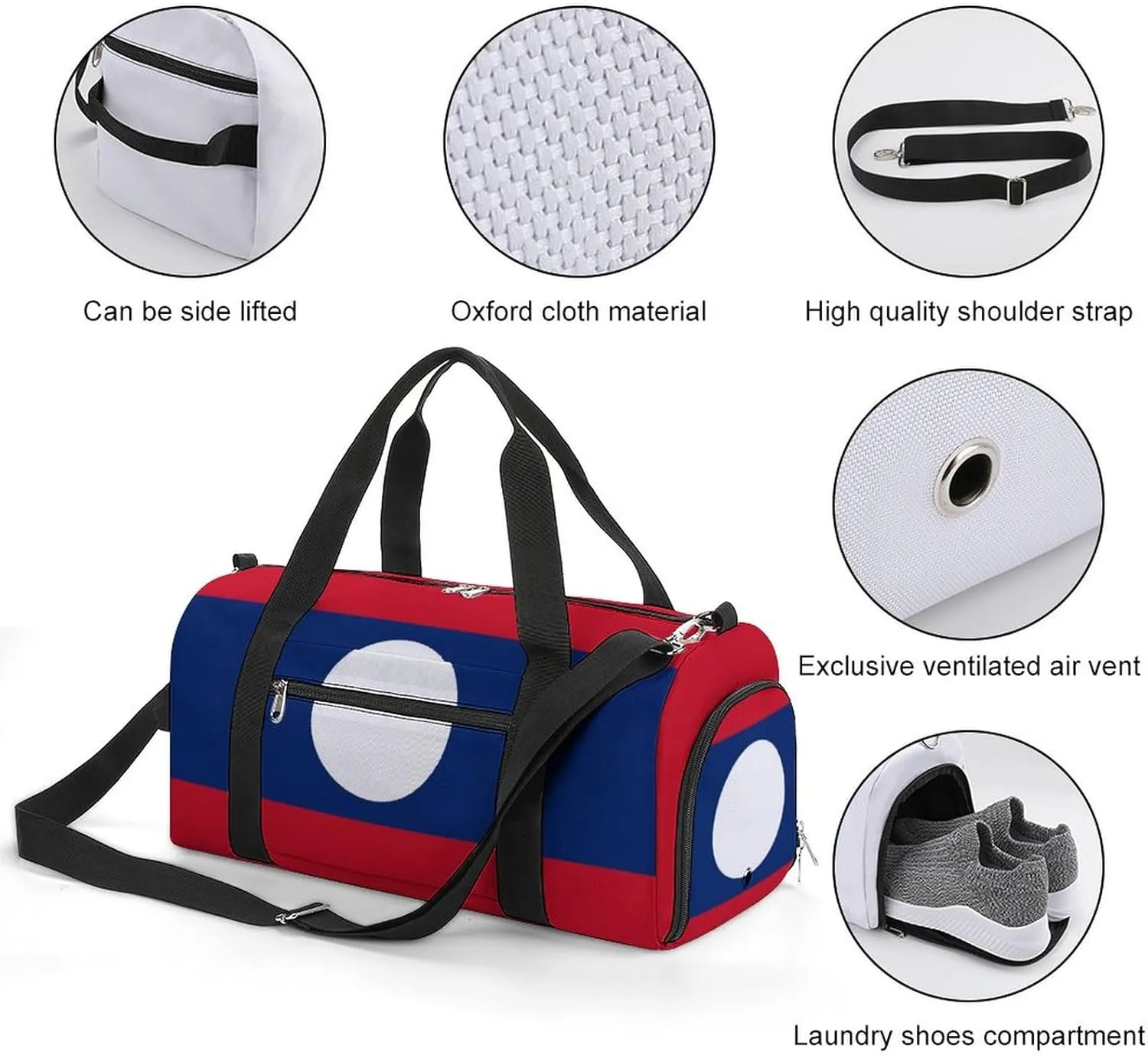 Lightweight Laos Flag Duffel Bag for Boys Girls with Wet Pocket Gym Tote