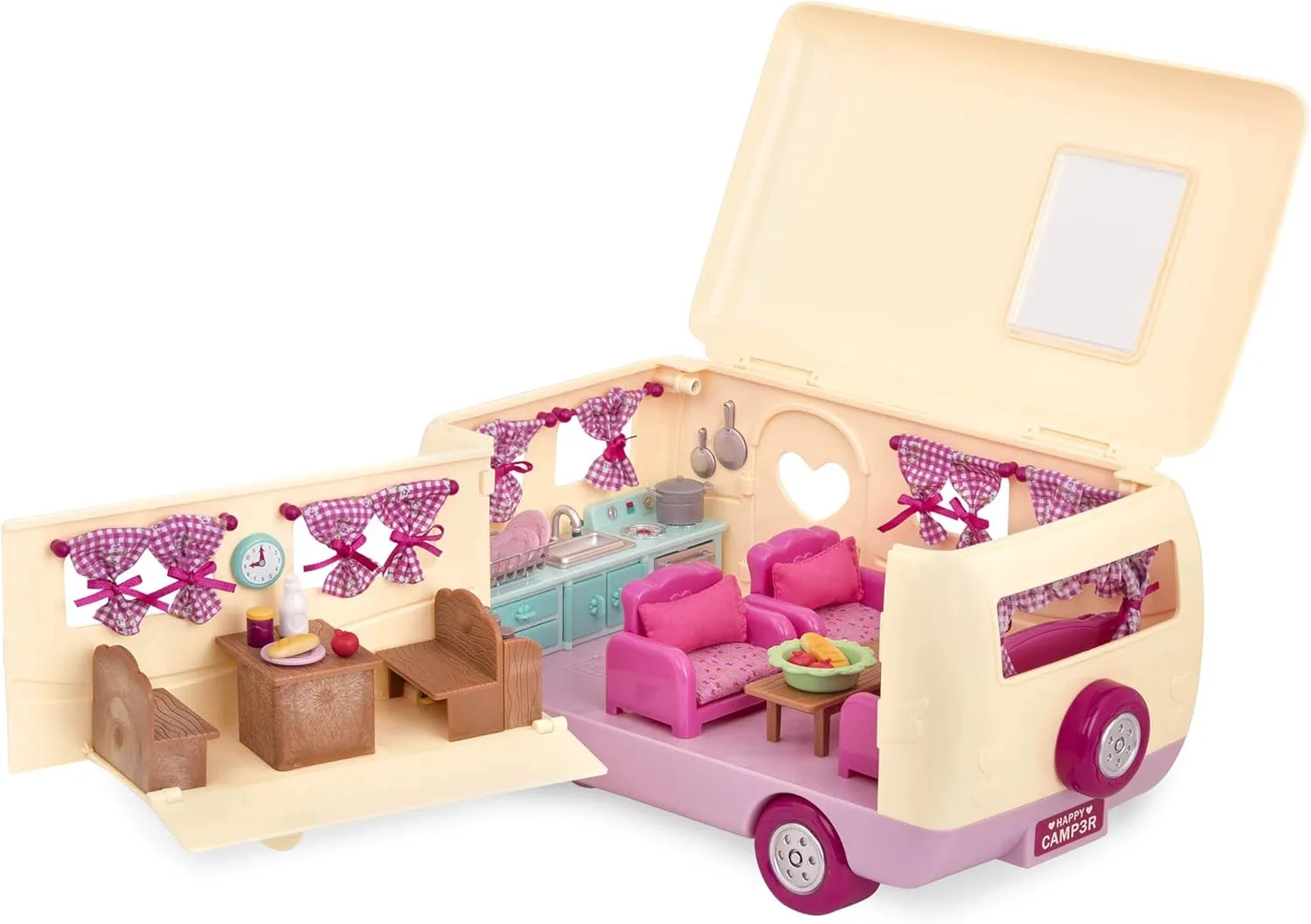 Li’l Woodzeez – Happy Camper Pink with Detachable Toy Vehicle – 40 Pcs Dollhouse Playset Including Furnitures, Play Food & Kitchen Accessories for Kids Age 3  – Doll Figures Sold Seperately