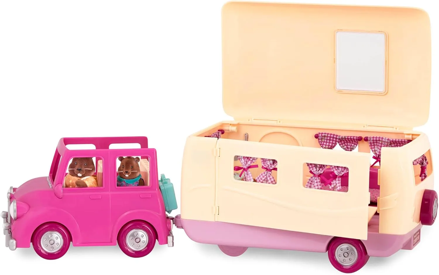 Li’l Woodzeez – Happy Camper Pink with Detachable Toy Vehicle – 40 Pcs Dollhouse Playset Including Furnitures, Play Food & Kitchen Accessories for Kids Age 3  – Doll Figures Sold Seperately