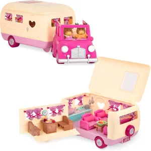 Li’l Woodzeez – Happy Camper Pink with Detachable Toy Vehicle – 40 Pcs Dollhouse Playset Including Furnitures, Play Food & Kitchen Accessories for Kids Age 3  – Doll Figures Sold Seperately