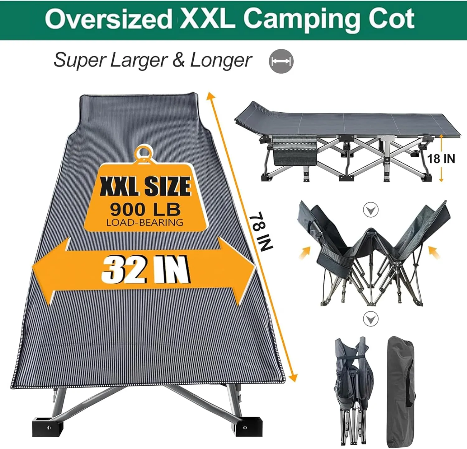 LILYPELLE 2 Pack Folding Camping Cot W/Mattress, 78" L x 32" W x 18" H Cot Bed, Heavy Duty Wide Camping Cot XXL for Adults, Portable Sleeping Cot Bed for Travel Camping/Office, Home Nap