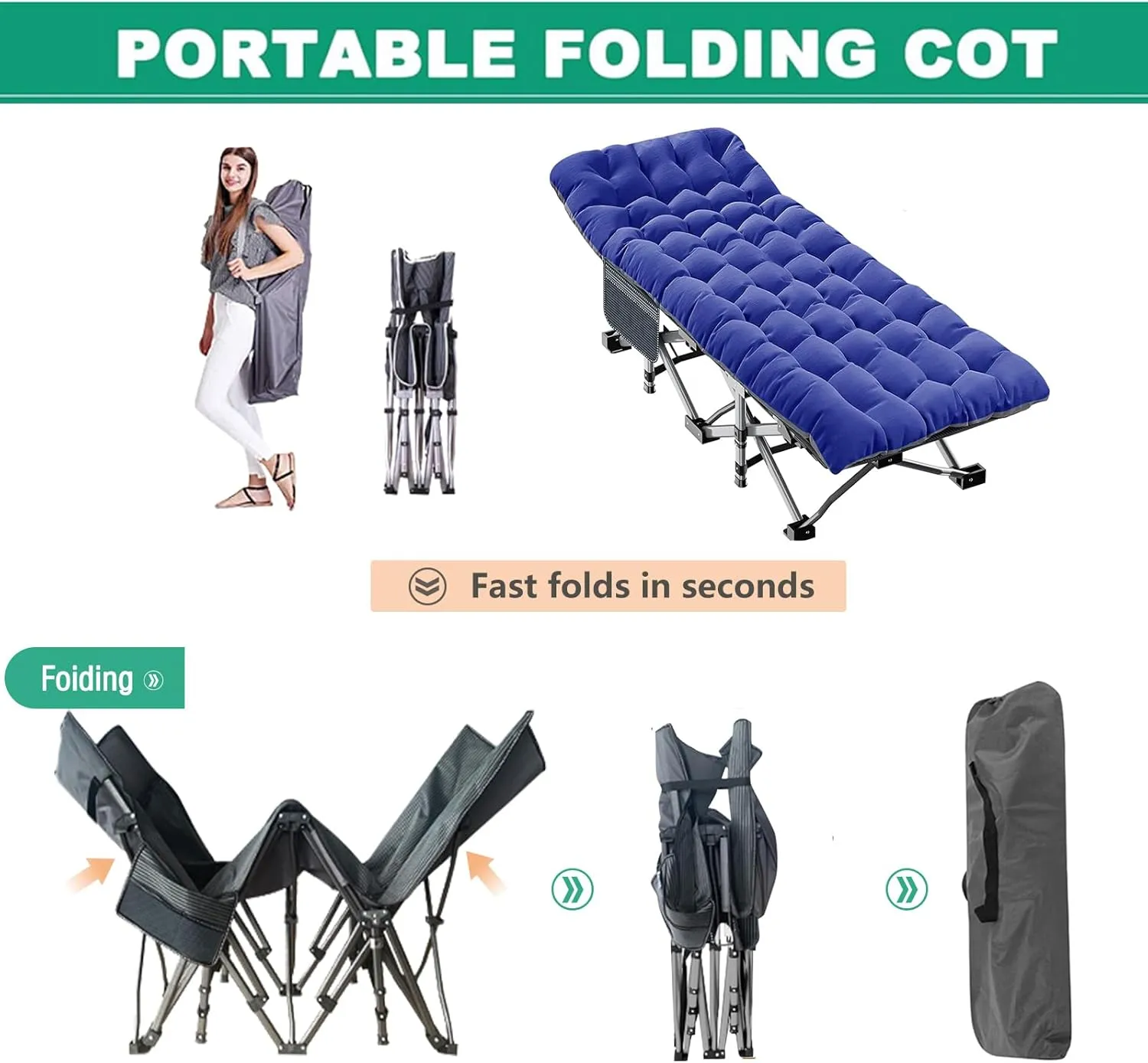 LILYPELLE 2 Pack Folding Camping Cot W/Mattress, 78" L x 32" W x 18" H Cot Bed, Heavy Duty Wide Camping Cot XXL for Adults, Portable Sleeping Cot Bed for Travel Camping/Office, Home Nap