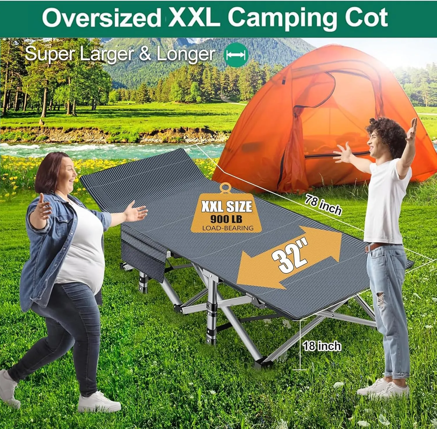 LILYPELLE 2 Pack Folding Camping Cot W/Mattress, 78" L x 32" W x 18" H Cot Bed, Heavy Duty Wide Camping Cot XXL for Adults, Portable Sleeping Cot Bed for Travel Camping/Office, Home Nap