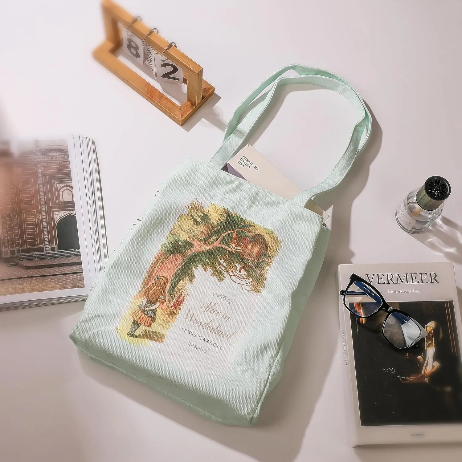 Literary Themed Tote Bag-Alice in Wonderland |Turquoise |Large Capacity