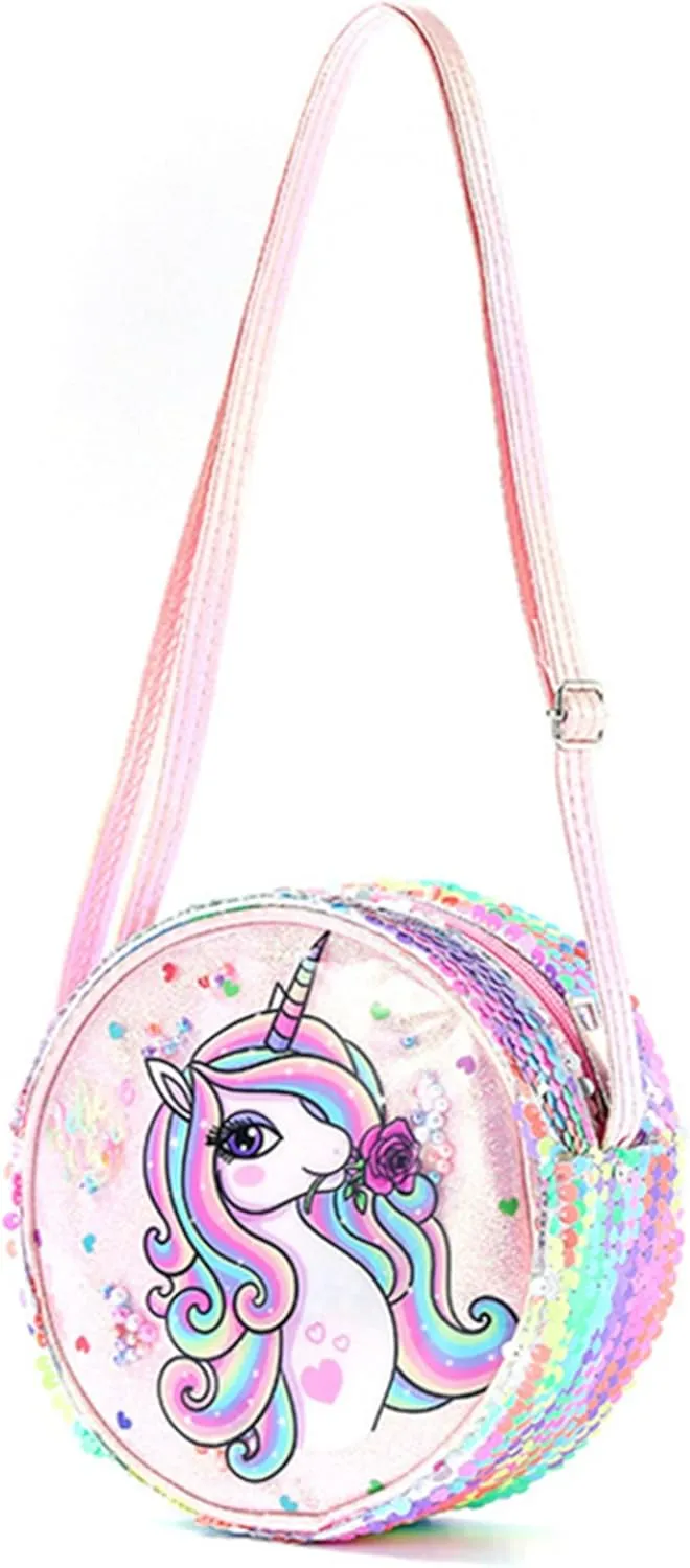Little Girls Crossbody Purse Mini Cute Unicorn Princess Shoulder Message Bag Sequin Coin Purse