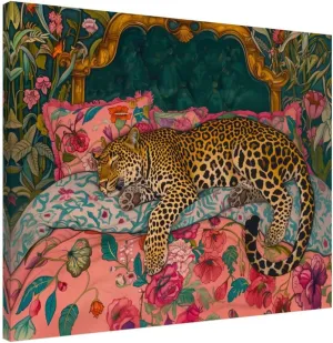 liveoakprint Sleepy Leopard in a Vintage Bed – Wrapped Canvas Wall Art – Cozy Jungle Animal Print for Bedroom, Nursery, or Maximalist Décor