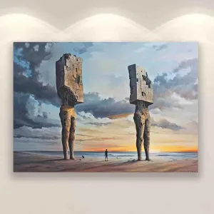 LJMRUICI A statue stood, lea against a dilapidated castle. An statue held its head as if in contemplation or having an idea. wall decorations for bedroom,16x24inch