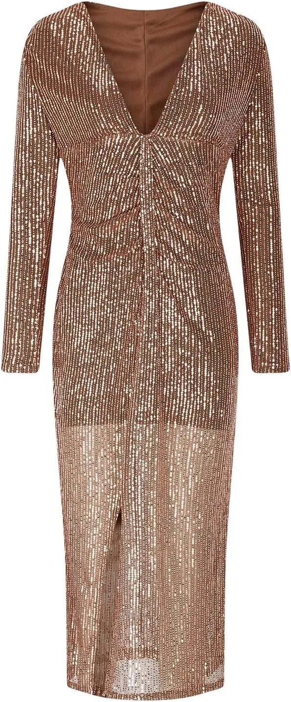 Lmdudan Women's Deep V Neck Twist Front Long Sleeve Dresses Sequin Formal Wedding Guest Dress Evening Cocktail Party Dress