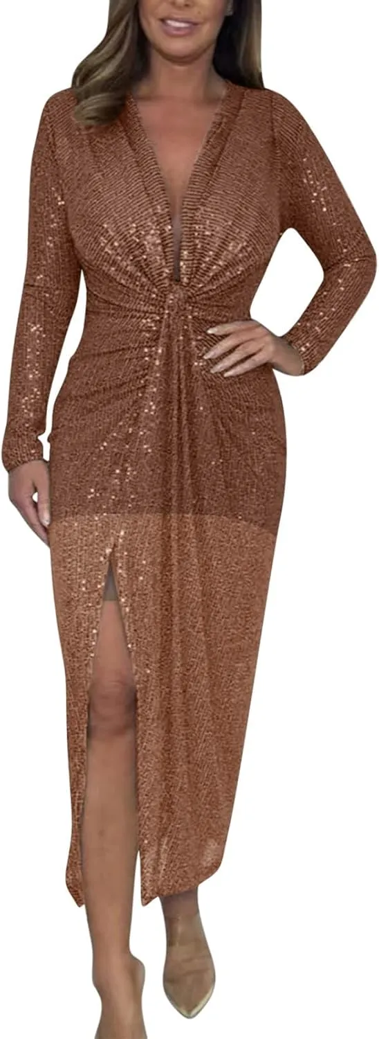 Lmdudan Women's Deep V Neck Twist Front Long Sleeve Dresses Sequin Formal Wedding Guest Dress Evening Cocktail Party Dress