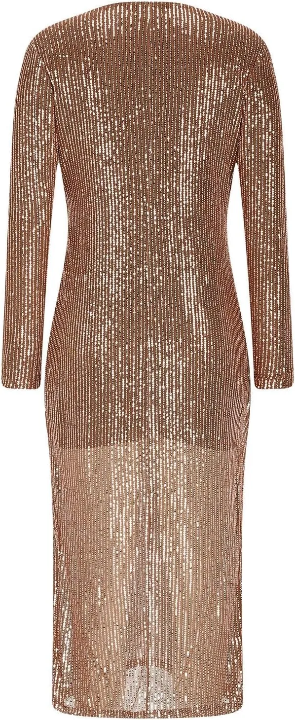 Lmdudan Women's Deep V Neck Twist Front Long Sleeve Dresses Sequin Formal Wedding Guest Dress Evening Cocktail Party Dress