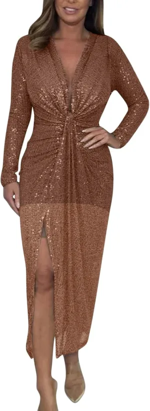 Lmdudan Women's Deep V Neck Twist Front Long Sleeve Dresses Sequin Formal Wedding Guest Dress Evening Cocktail Party Dress