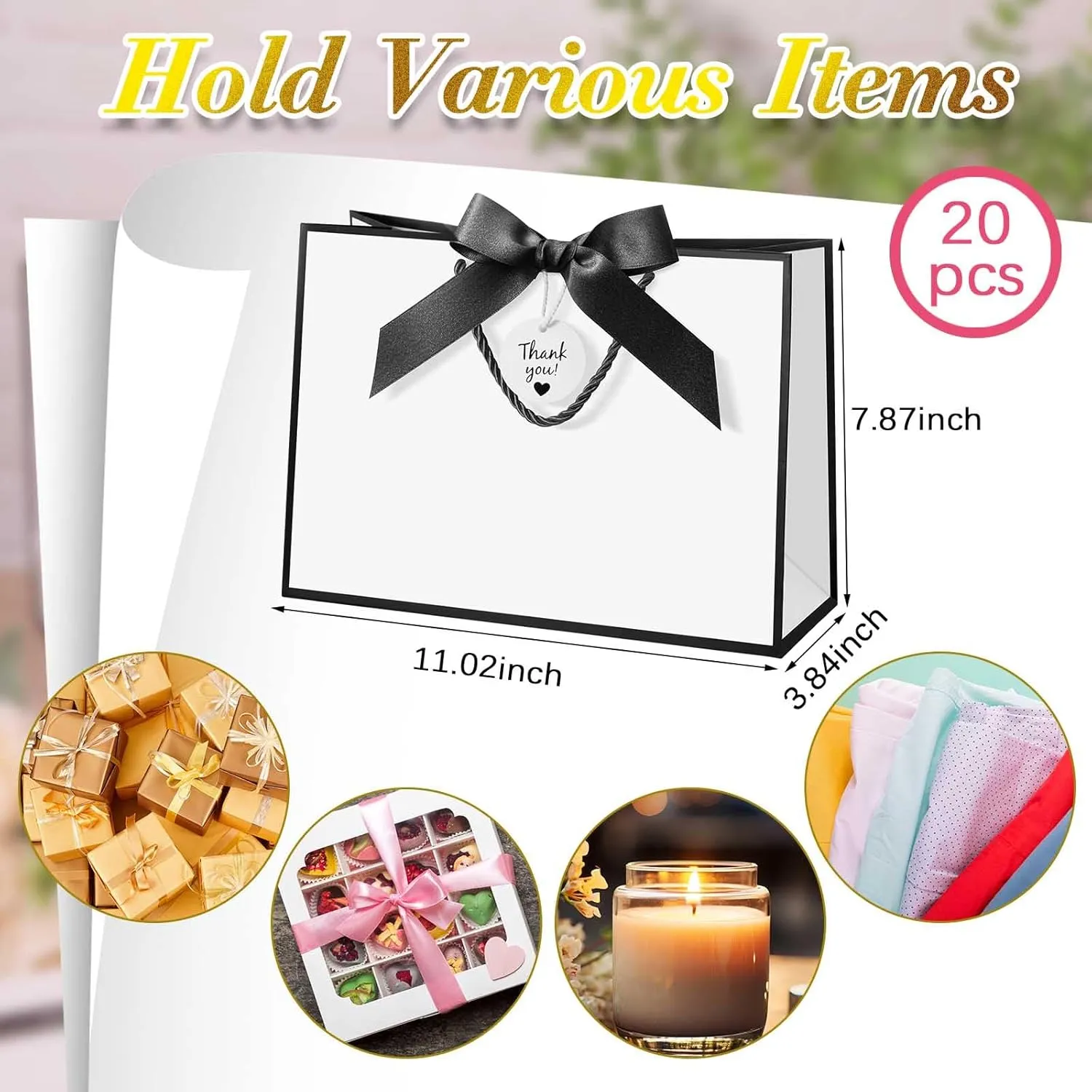Locmeo 20 Sets Gift Bags Bulk with Handles 11 x 4 x 8 Inch Large Thank You Paper Gift Wrap Bags with Bow Ribbon for Wedding Bridesmaid Baby Shower Graduation Holiday Party Supplies(Black and White)
