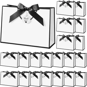Locmeo 20 Sets Gift Bags Bulk with Handles 11 x 4 x 8 Inch Large Thank You Paper Gift Wrap Bags with Bow Ribbon for Wedding Bridesmaid Baby Shower Graduation Holiday Party Supplies(Black and White)