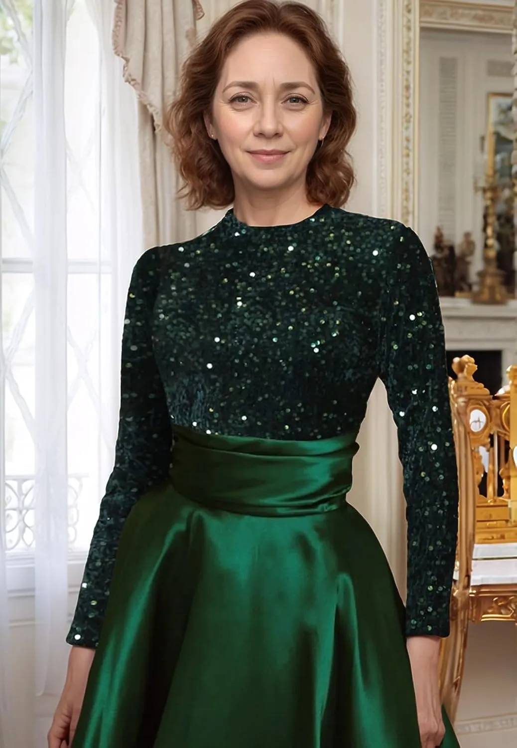 Long Sleeve Mother of The Bride Dresses for Women Sparkly Sequin A Line Prom Gowns Satin Tea Length Wedding Party Dress