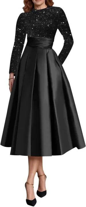 Long Sleeve Mother of The Bride Dresses for Women Sparkly Sequin A Line Prom Gowns Satin Tea Length Wedding Party Dress