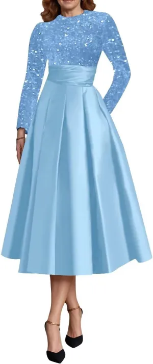 Long Sleeve Mother of The Bride Dresses for Women Sparkly Sequin A Line Prom Gowns Satin Tea Length Wedding Party Dress