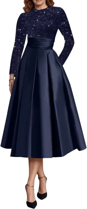 Long Sleeve Mother of The Bride Dresses for Women Sparkly Sequin A Line Prom Gowns Satin Tea Length Wedding Party Dress