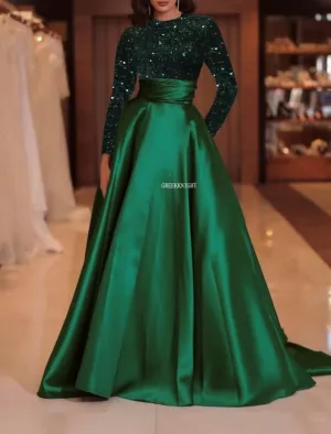 Long Sleeve Prom Dresses Sequin Satin Formal Gowns Round Neck Evening Dress A-Line Ball Gown with Pockets