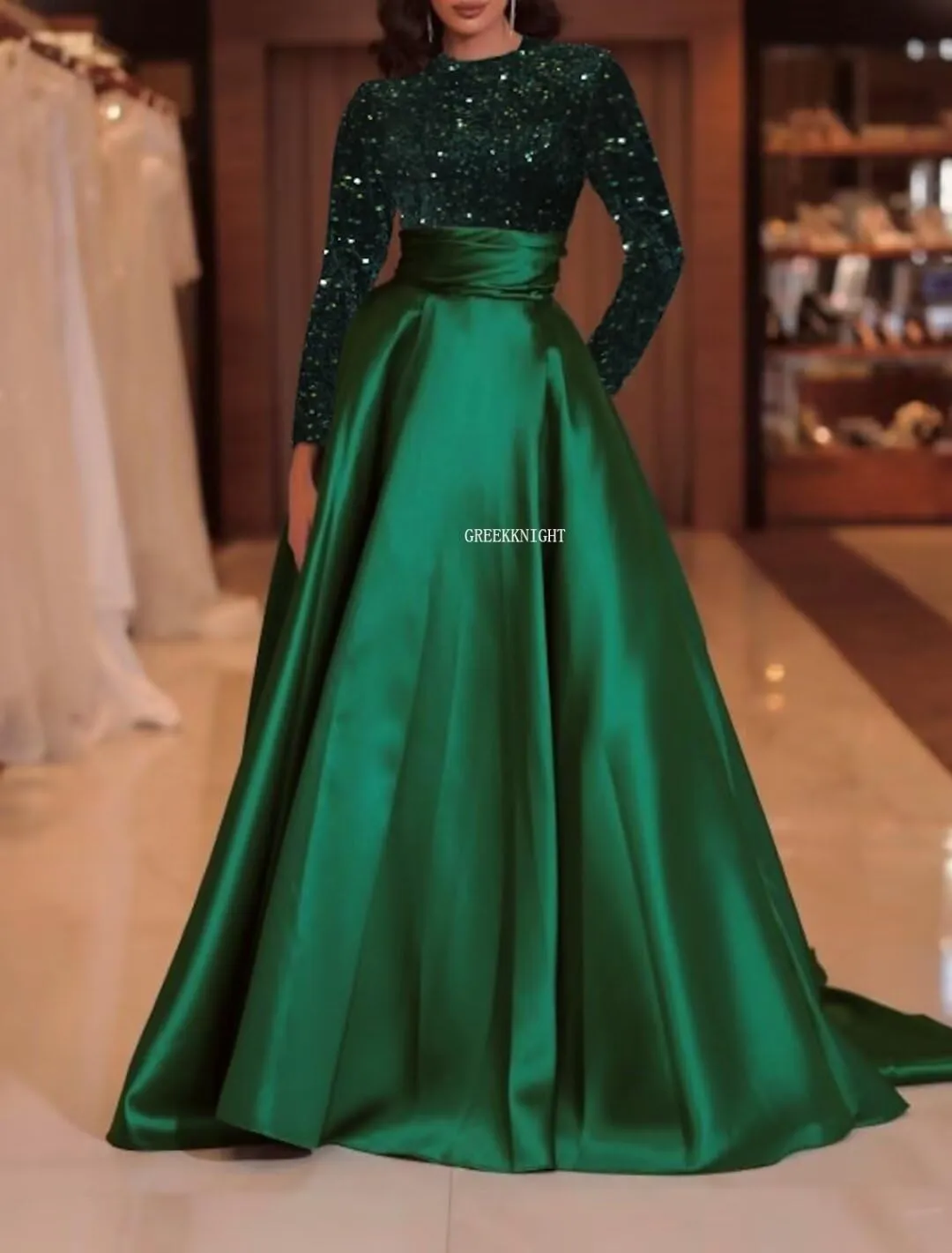 Long Sleeve Prom Dresses Sequin Satin Formal Gowns Round Neck Evening Dress A-Line Ball Gown with Pockets