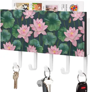 Lotuses Flowers Novelty Key Holder Printed Keys Hook Mail Organizer Hanging Rack Decor with 5 Hooks for Wall