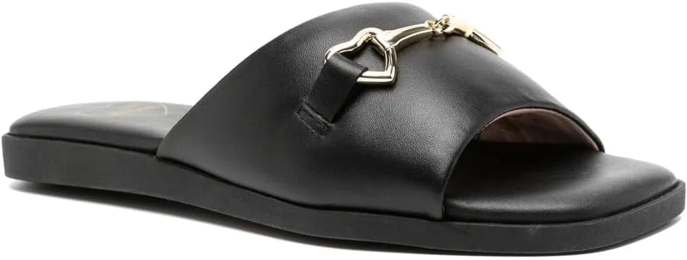 Love Moschino Women's Black Leather Slides with Heart Chain (Black, US Footwear Size System, Adult, Women, Numeric, Medium, 7)