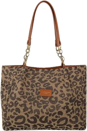 Lushandy Leopard Tote Bag, Leopard Print Cheetah Purse, Brown Canvas Shoulder Bag for Fall