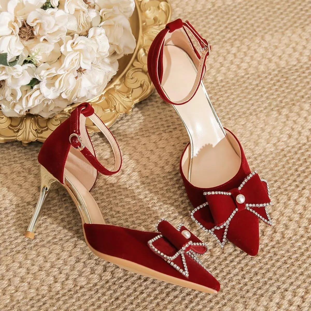 LUXINYU,Women Pointed Toe Heels Shiny Fashion Sexy Stiletto Ladies Pumps Heeled Elegant Bow Strappy Dress Suede Wedding Shoes Comfort Soft Work Shoes