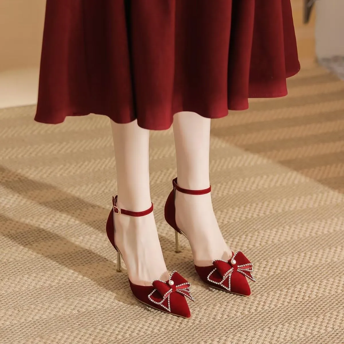 LUXINYU,Women Pointed Toe Heels Shiny Fashion Sexy Stiletto Ladies Pumps Heeled Elegant Bow Strappy Dress Suede Wedding Shoes Comfort Soft Work Shoes