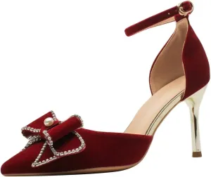 LUXINYU,Women Pointed Toe Heels Shiny Fashion Sexy Stiletto Ladies Pumps Heeled Elegant Bow Strappy Dress Suede Wedding Shoes Comfort Soft Work Shoes