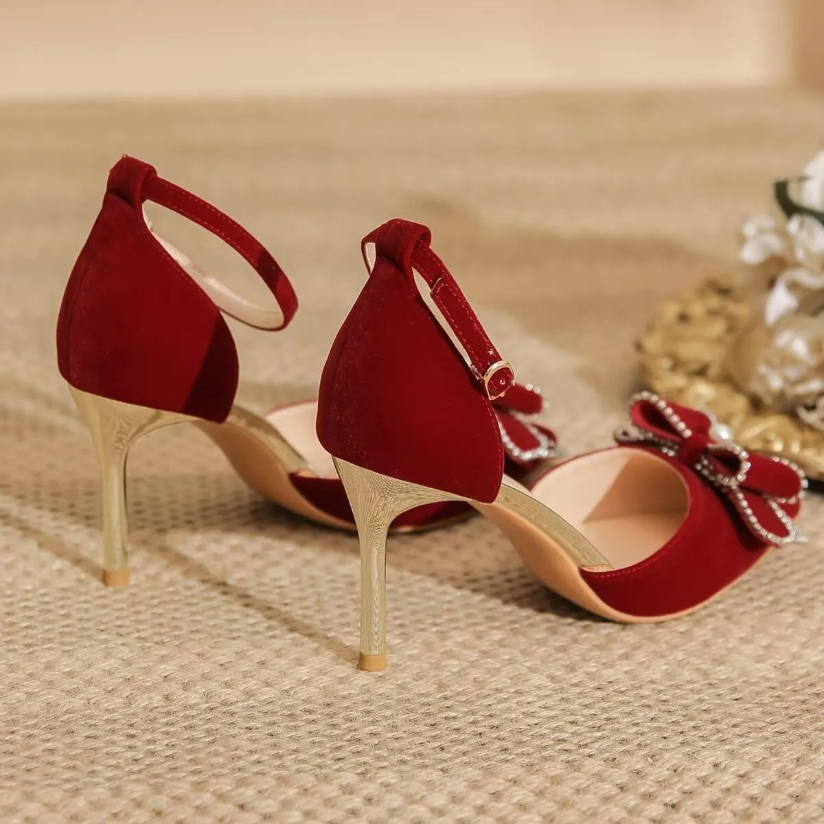LUXINYU,Women Pointed Toe Heels Shiny Fashion Sexy Stiletto Ladies Pumps Heeled Elegant Bow Strappy Dress Suede Wedding Shoes Comfort Soft Work Shoes