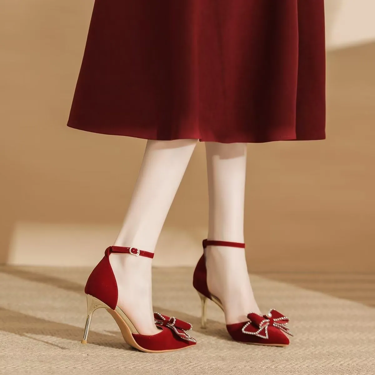 LUXINYU,Women Pointed Toe Heels Shiny Fashion Sexy Stiletto Ladies Pumps Heeled Elegant Bow Strappy Dress Suede Wedding Shoes Comfort Soft Work Shoes