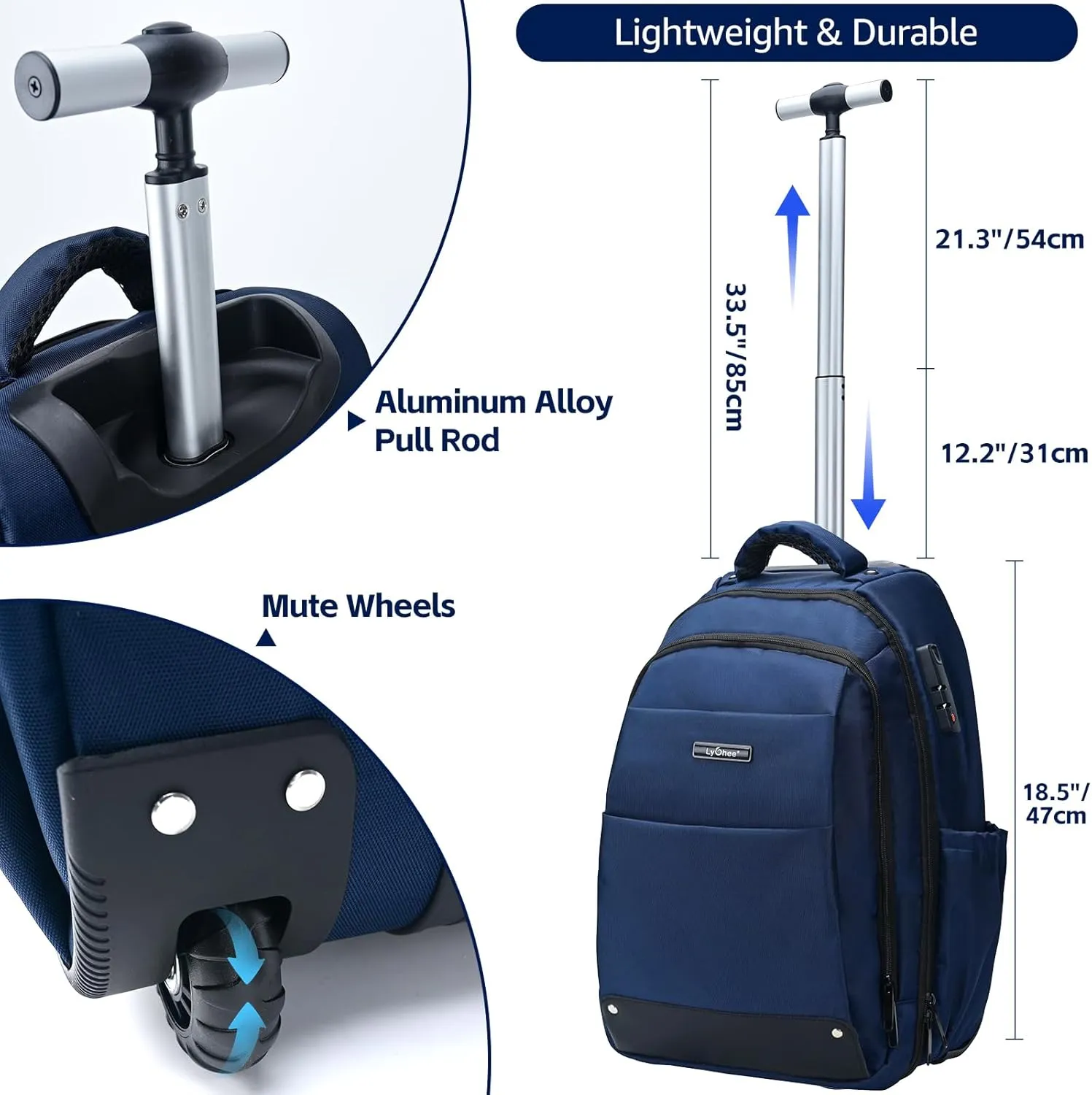 Lychee Adult Business Rolling Laptop Backpack with Wheels - 18 inch Invisible Shoulder Strap Waterproof - Blue