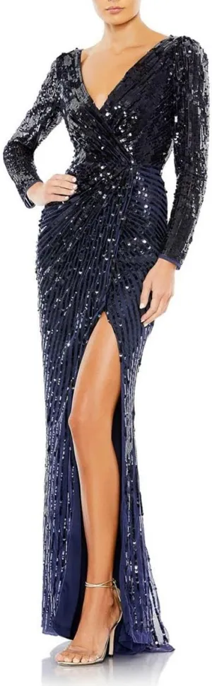 Mac Duggal Womens Sequin Faux Wrap Evening Dress