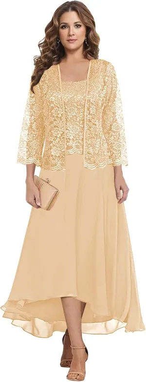 MAGGCIF Lace Mother of The Bride Dresses with Jacket 2 Pieces Chiffon Ruffle Long Evening Formal Wedding Guest Dress
